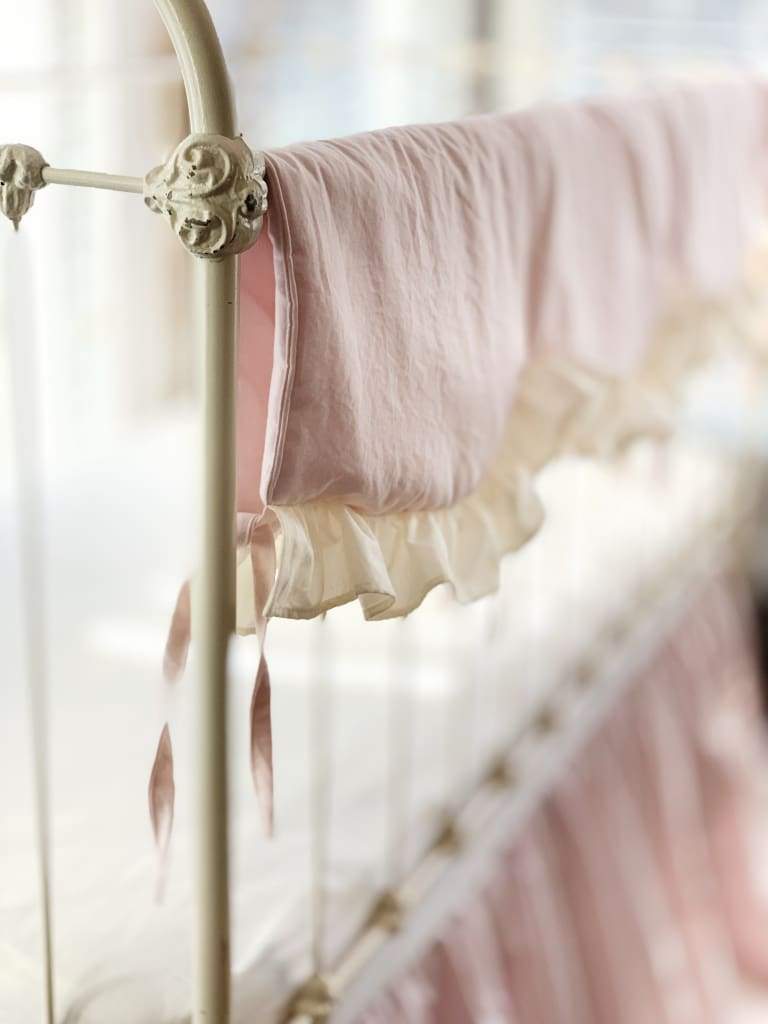 Scalloped Crib Rail Cover in Baby Pink and Ivory | Personalized Option handmade heirloom nursery - High Cotton Textile