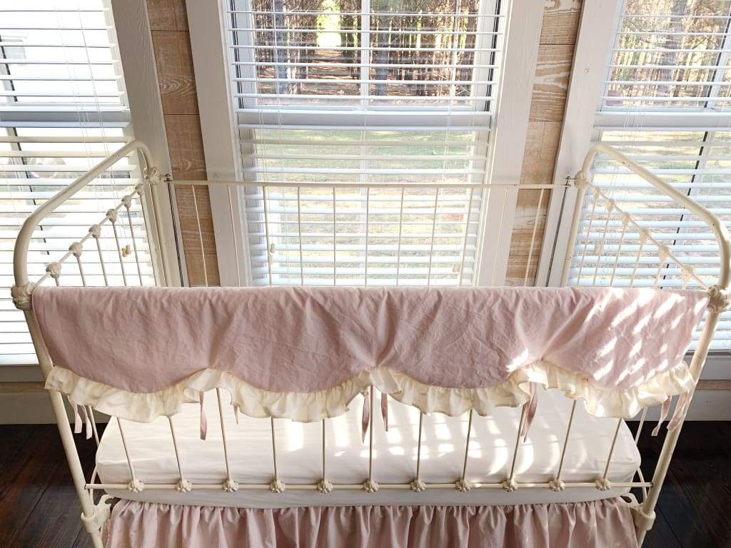 Scalloped Crib Rail Cover in Baby Pink and Ivory | Personalized Option handmade heirloom nursery - High Cotton Textile