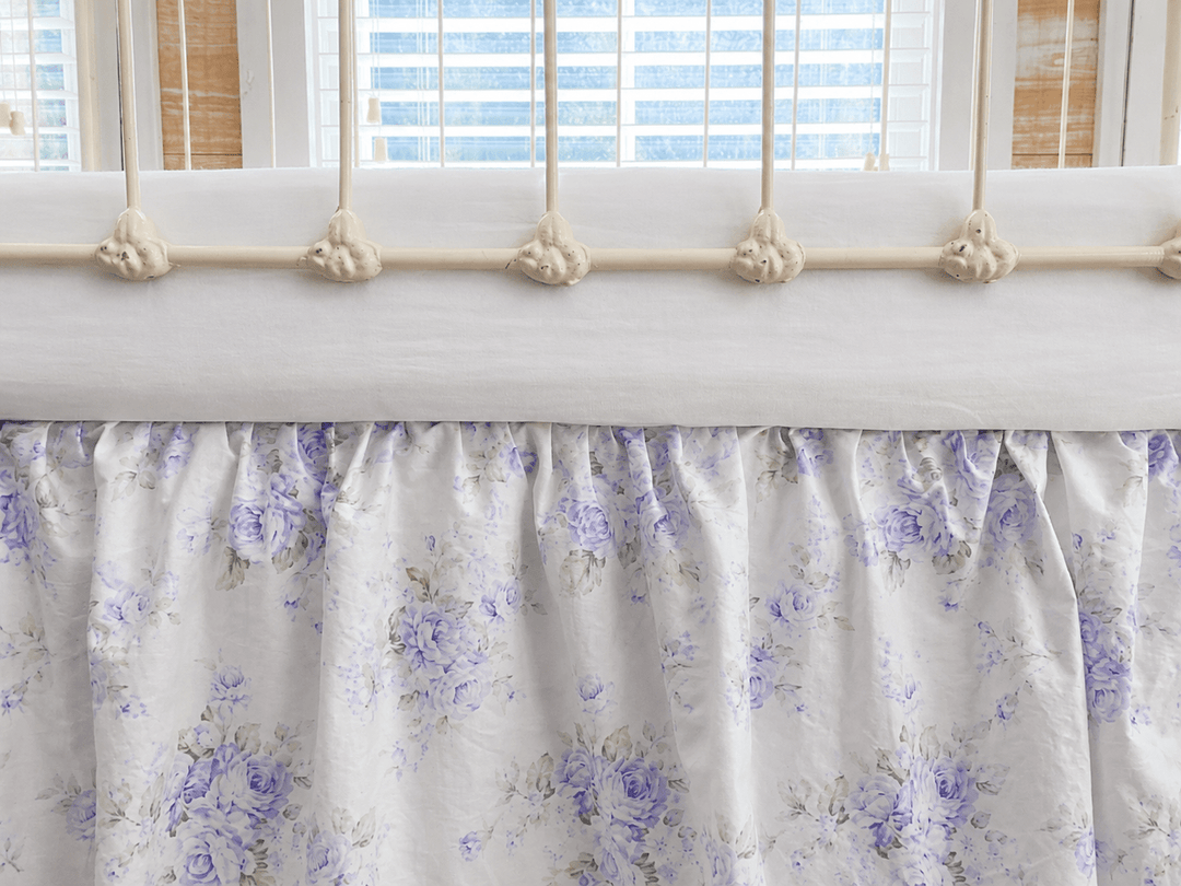 Lavender Shabby Chic Floral crib skirt with a full gathered ruffle and 20-inch drop