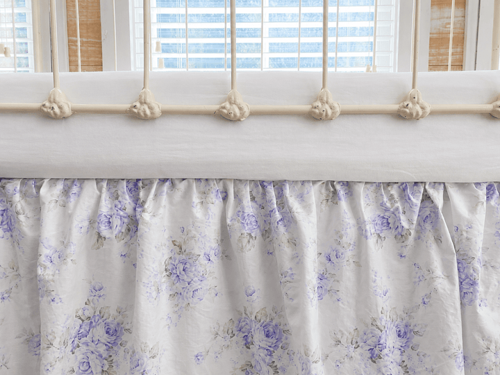 Lavender Shabby Chic Floral crib skirt with a full gathered ruffle and 20-inch drop