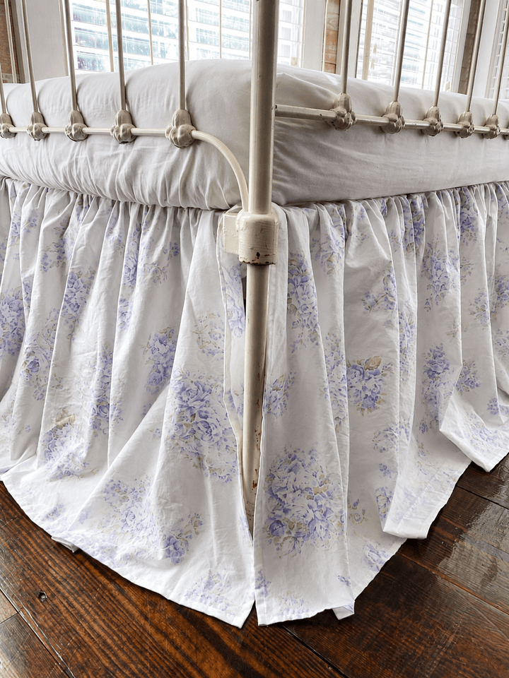 Lavender Shabby Chic Floral crib skirt in washed cotton for a cottage or shabby chic nursery