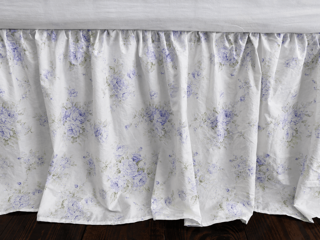 Lavender Shabby Chic Floral farmhouse crib skirt, vintage rose print on ivory washed cotton