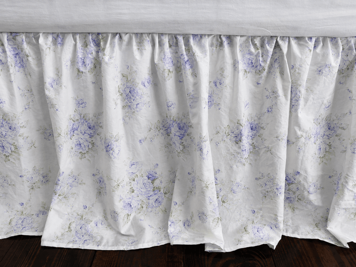 Lavender Shabby Chic Floral farmhouse crib skirt, vintage rose print on ivory washed cotton