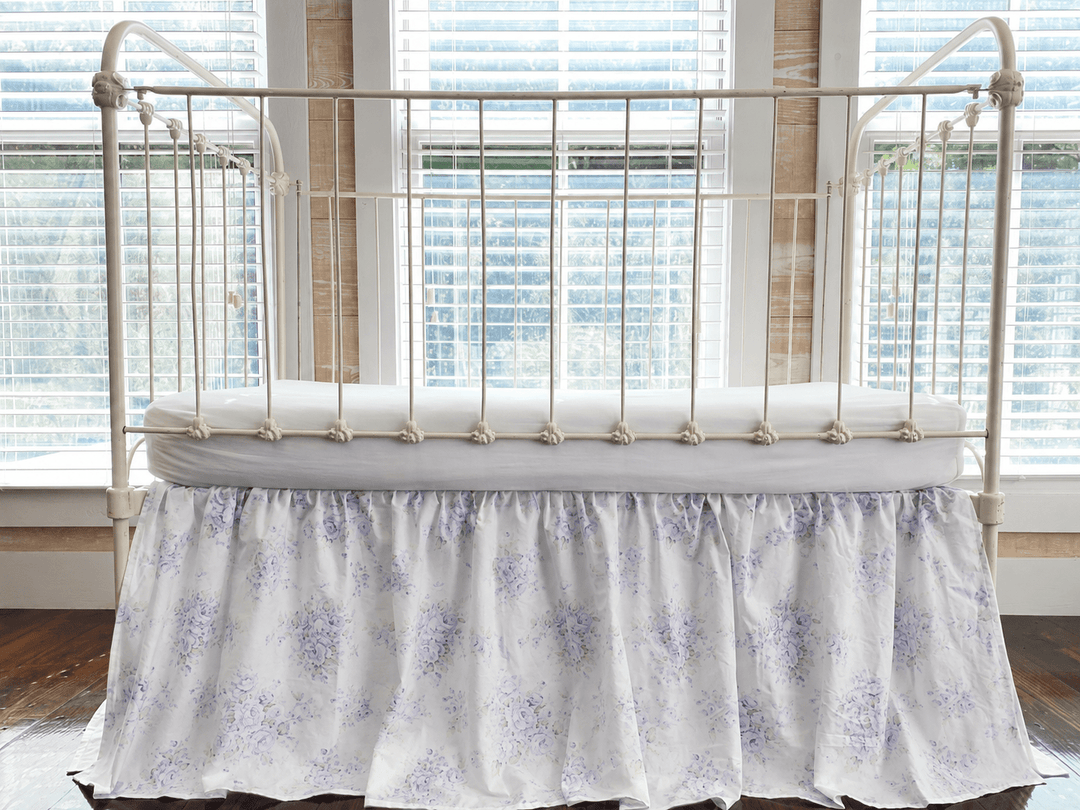 Lavender Shabby Chic Floral farmhouse crib skirt, heirloom nursery bedding by High Cotton Textile