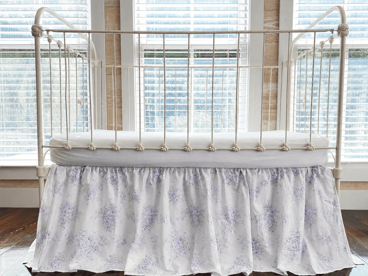 Lavender Shabby Chic Floral farmhouse crib skirt, heirloom nursery bedding by High Cotton Textile