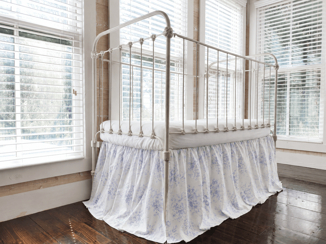 Lavender Shabby Chic Floral farmhouse crib skirt for a lavender baby girl nursery, made in Alabama