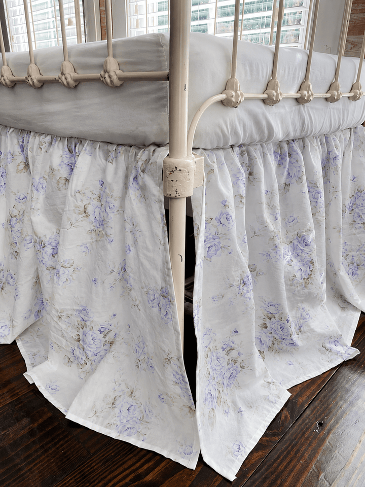 Lavender Shabby Chic Floral crib skirt, sewn by hand in our Glenwood, Alabama studio