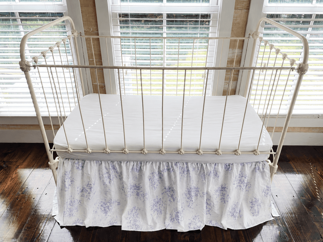 Lavender Shabby Chic Floral gathered crib skirt in soft washed cotton, handmade to order