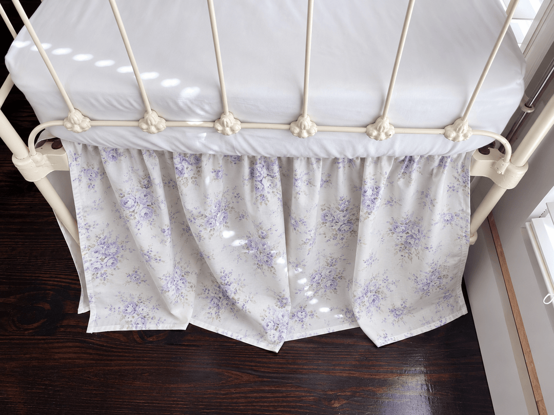 Lavender Shabby Chic Floral crib skirt, lavender watercolor roses and sage leaves on ivory cotton
