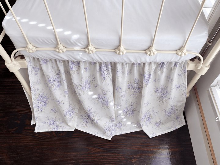 Lavender Shabby Chic Floral crib skirt, lavender watercolor roses and sage leaves on ivory cotton