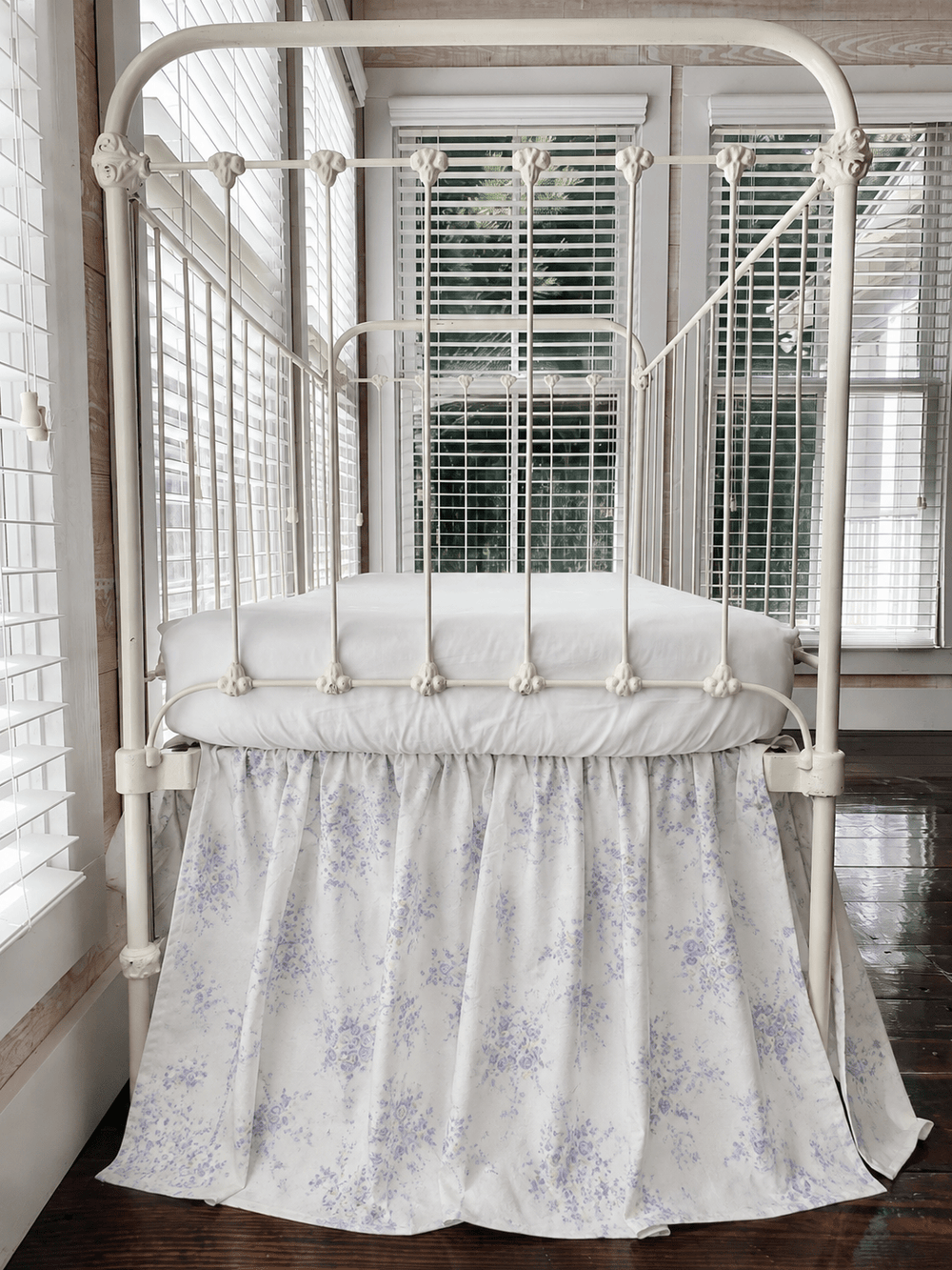 Lavender Shabby Chic Floral farmhouse crib skirt in 100% washed cotton, gathered on all four sides