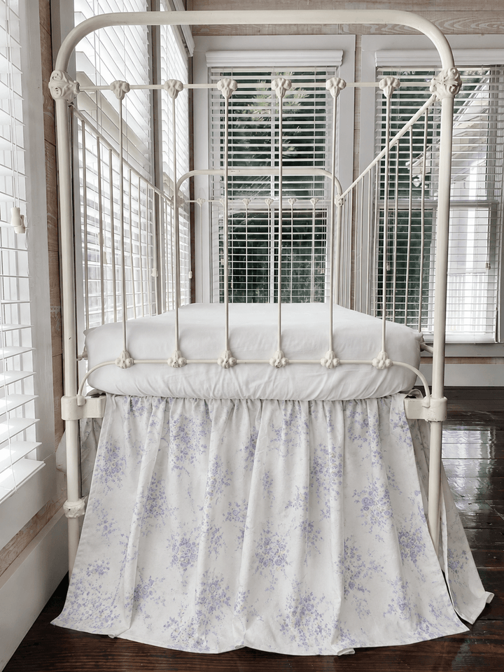 Lavender Shabby Chic Floral farmhouse crib skirt in 100% washed cotton, gathered on all four sides
