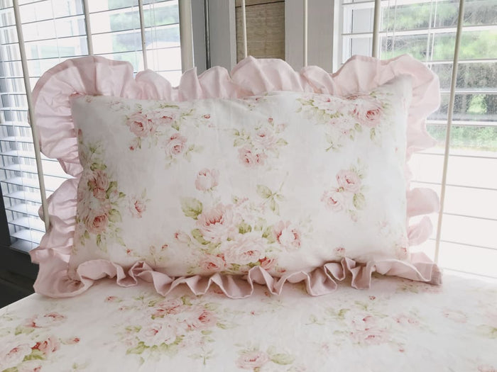 Shabby chic watercolor floral ruffled crib pillow in washed cotton