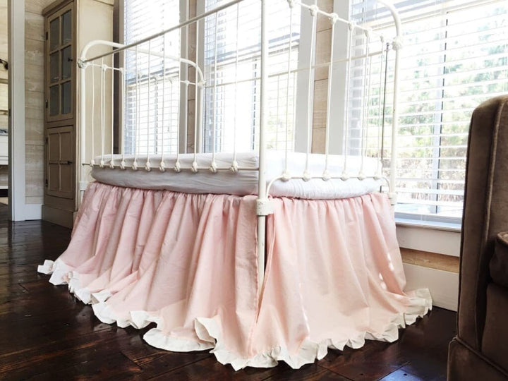 Sisters Pink and Ivory Ruffled Crib Skirt for Girls handmade heirloom nursery - High Cotton Textile