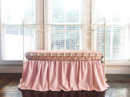 Sisters pink farmhouse crib skirt in washed cotton, 20-inch drop with split corners