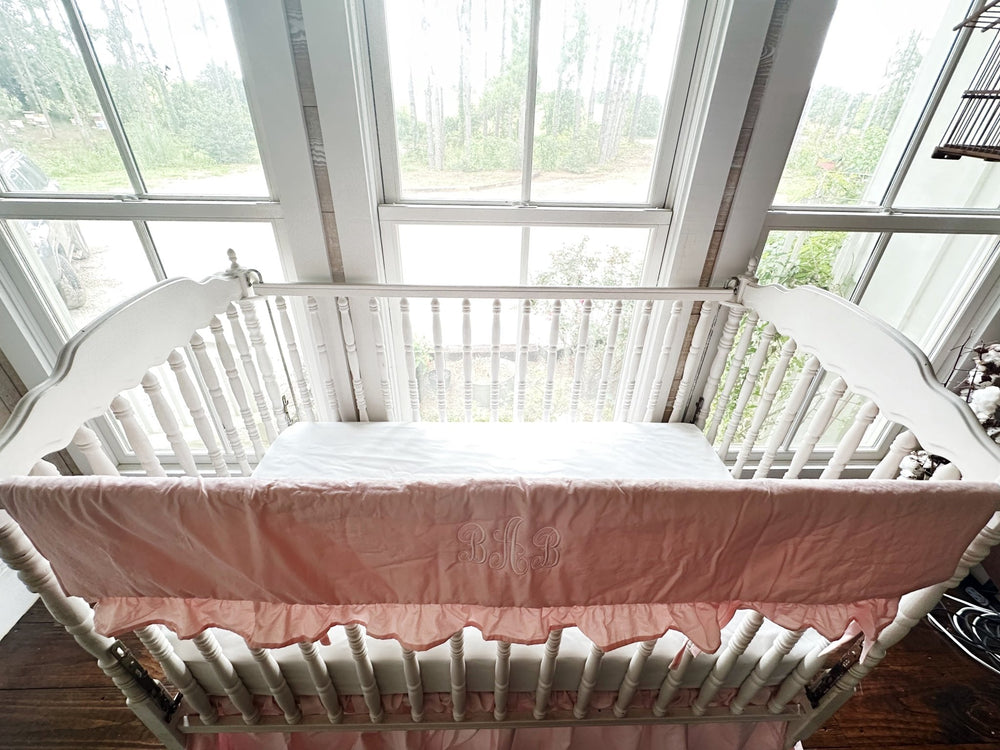 Sisters Pink Ruffled Crib Rail Cover handmade heirloom nursery - High Cotton Textile