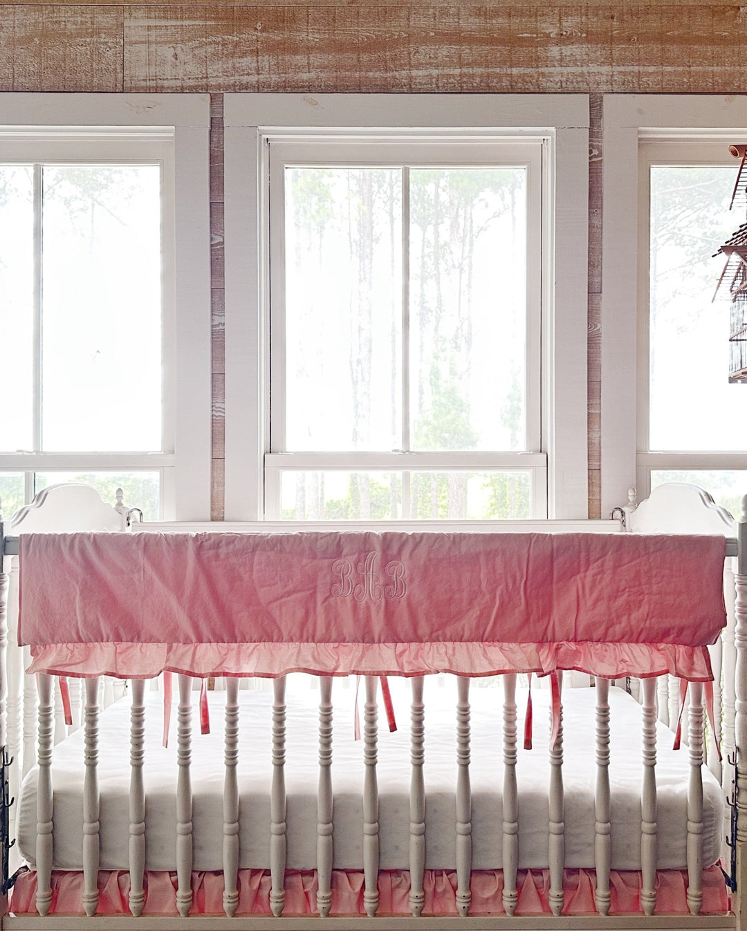 Sisters Pink Ruffled Crib Rail Cover handmade heirloom nursery - High Cotton Textile