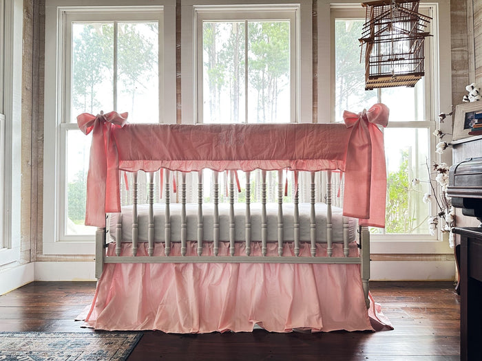 Sisters Pink Ruffled Crib Rail Cover Set with Crib Skirt and Crib Bows handmade heirloom nursery - High Cotton Textile