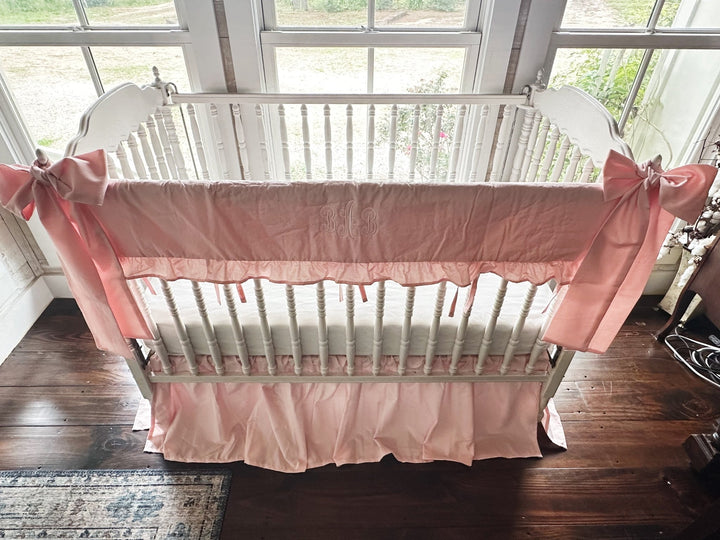 Sisters Pink Ruffled Crib Rail Cover Set with Crib Skirt and Crib Bows handmade heirloom nursery - High Cotton Textile