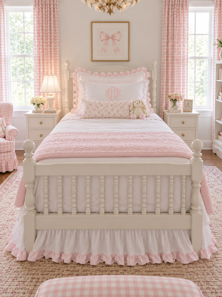 Straight on view from the foot of a spindle bed showing the white and baby pink ruffled twin bed skirt - High Cotton Textile