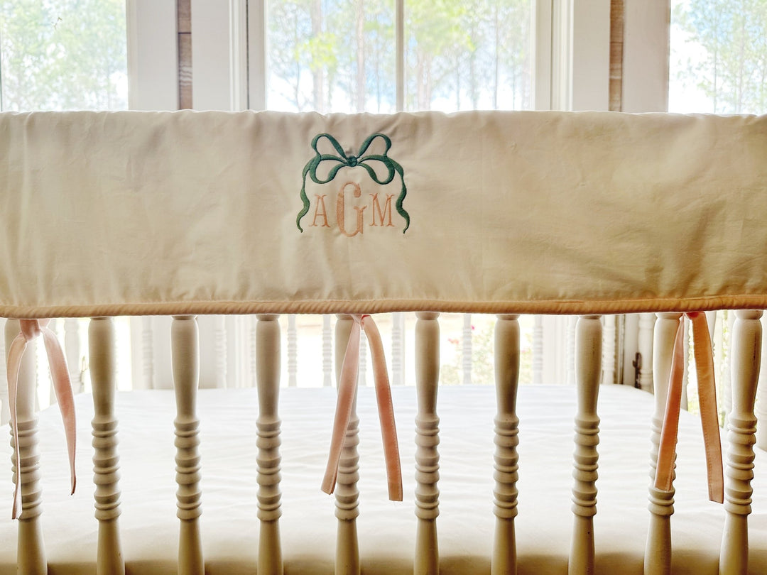 Tailored Crib Rail Cover Set with Bows handmade heirloom nursery - High Cotton Textile