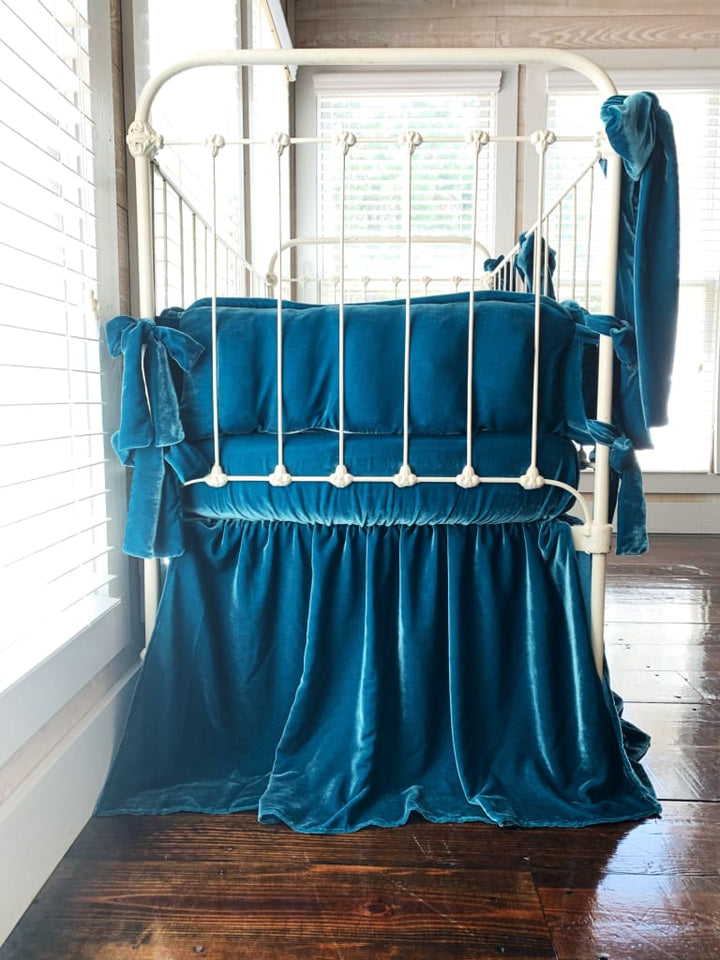 Teal Blue | 100% Silk Velvet Luxury Crib Bedding Ensemble