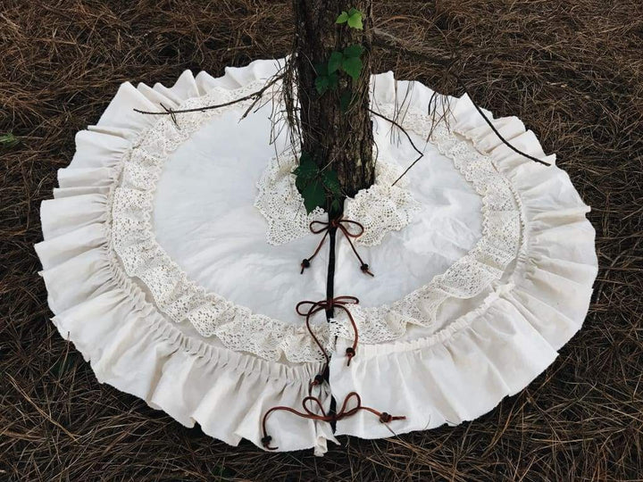 Vintage Leather and Lace 100% Washed Cotton Tea - Stained Christmas Tree Skirt handmade heirloom nursery - High Cotton Textile