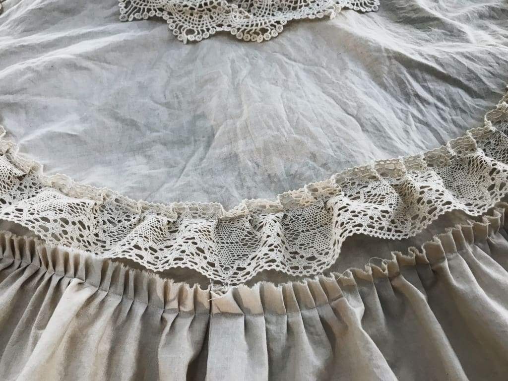 Vintage Leather and Lace 100% Washed Cotton Tea - Stained Christmas Tree Skirt handmade heirloom nursery - High Cotton Textile