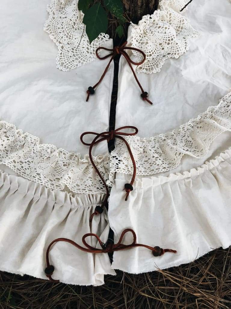 Vintage Leather and Lace 100% Washed Cotton Tea - Stained Christmas Tree Skirt handmade heirloom nursery - High Cotton Textile