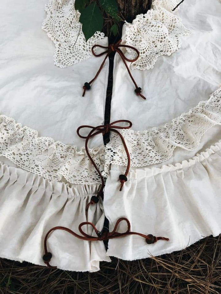 Vintage Leather and Lace 100% Washed Cotton Tea - Stained Christmas Tree Skirt handmade heirloom nursery - High Cotton Textile