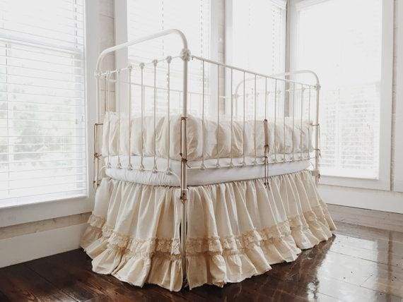 Vintage Leather and Lace 100% Washed Cotton Tea-Stained Crib Bedding - High Cotton Textile 