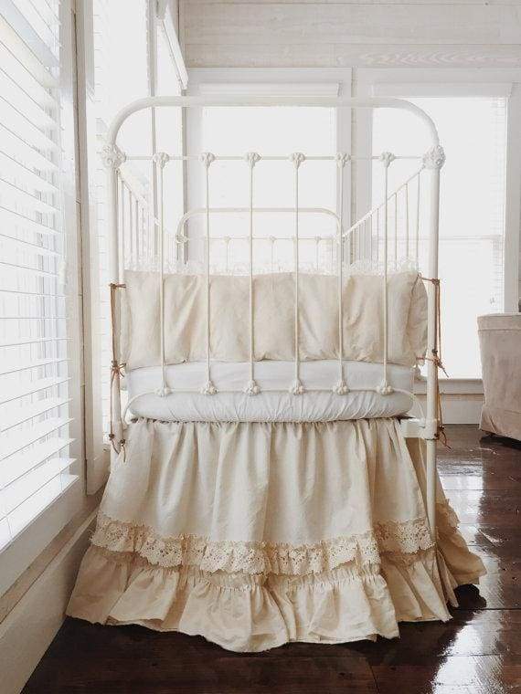 Vintage Leather and Lace 100% Washed Cotton Tea-Stained Crib Bedding