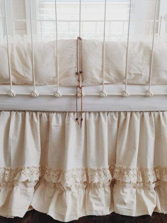 Vintage Leather and Lace 100 Washed Cotton Tea Stained Crib Bedding High Cotton Textile