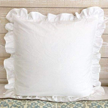 White ruffled euro pillow sham in washed cotton, 26 by 26 inches