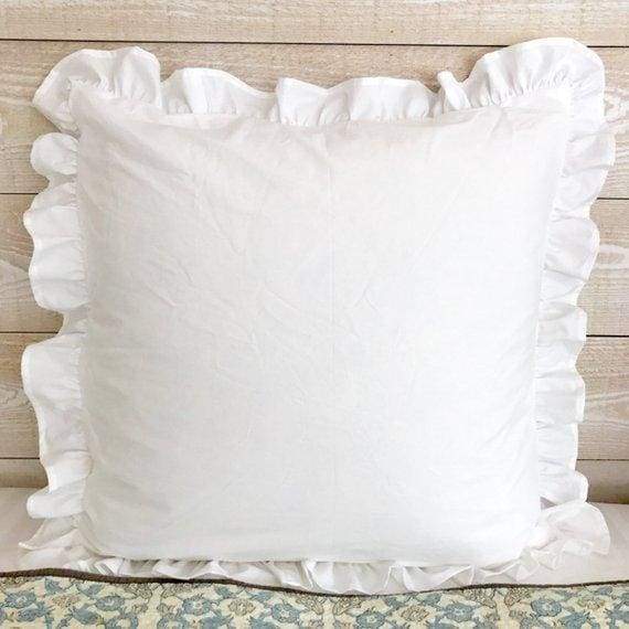 White ruffled euro pillow sham in washed cotton, 26 by 26 inches