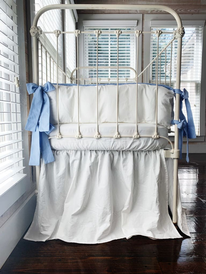 White and Baby Blue Farmhouse Tailored Boy Crib Bedding Set