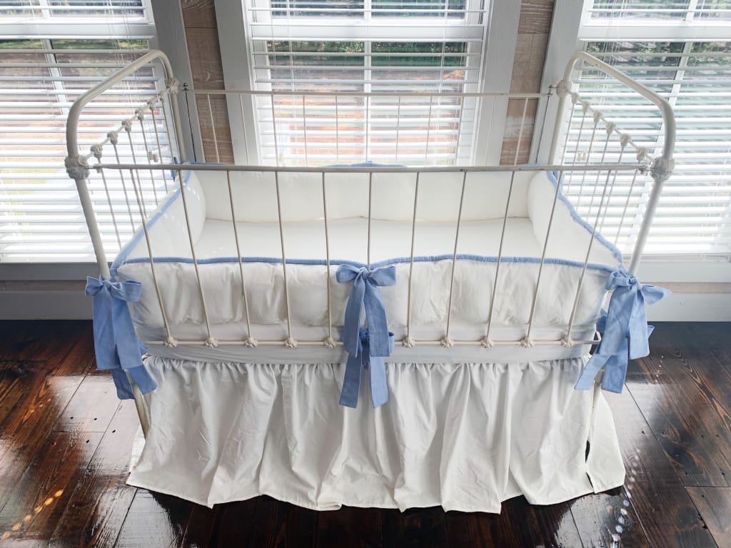 White and Baby Blue Farmhouse Tailored Boy Crib Bedding Set