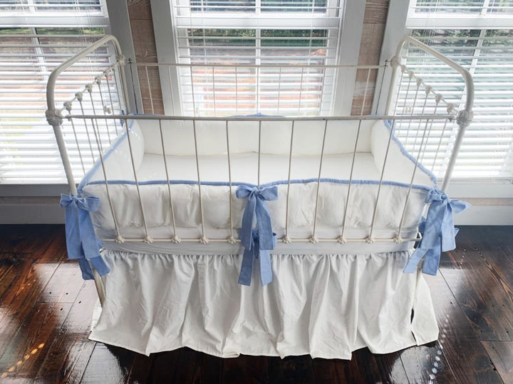 White and Baby Blue Farmhouse Tailored Boy Crib Bedding Set - High Cotton Textile 