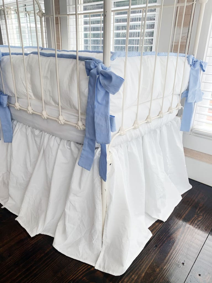 White and Baby Blue Farmhouse Tailored Boy Crib Bedding Set - High Cotton Textile 