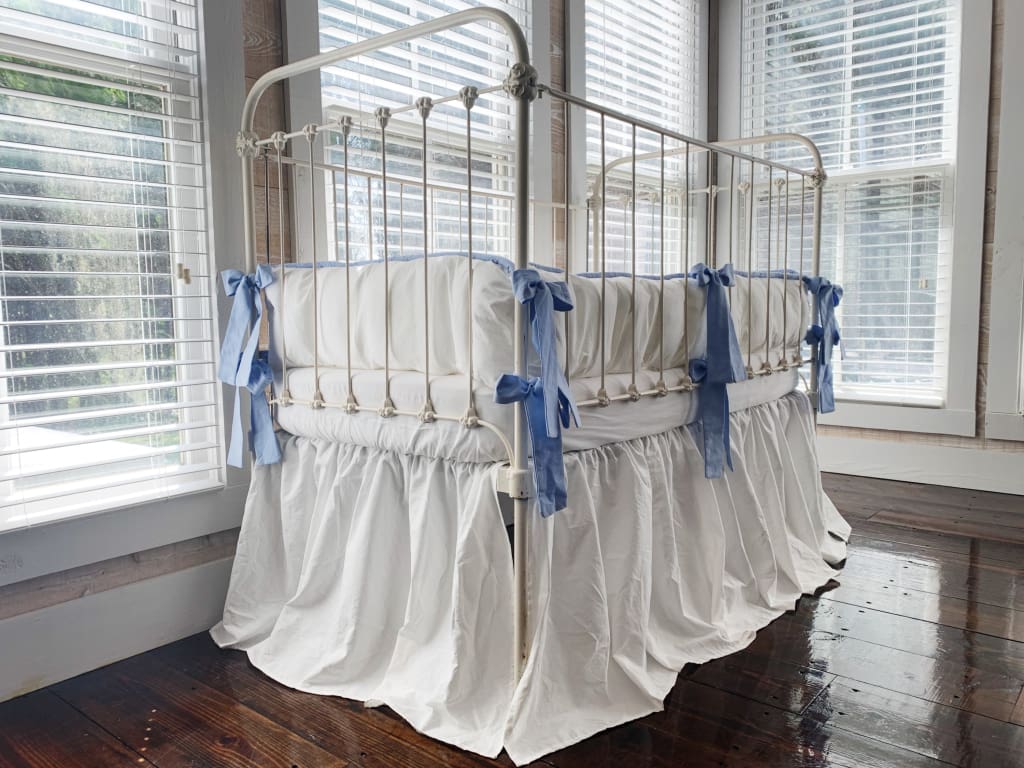 White and Baby Blue Farmhouse Tailored Boy Crib Bedding Set - High Cotton Textile 