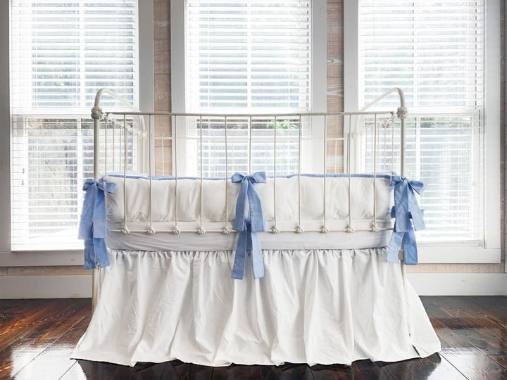 White and Baby Blue Farmhouse Tailored Boy Crib Bedding Set - High Cotton Textile 