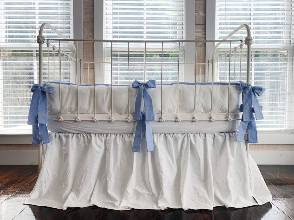 White and Baby Blue Farmhouse Tailored Boy Crib Bedding Set - High Cotton Textile 