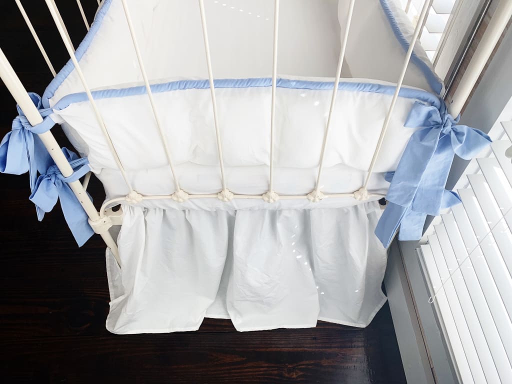 White and Baby Blue Farmhouse Tailored Boy Crib Bedding Set