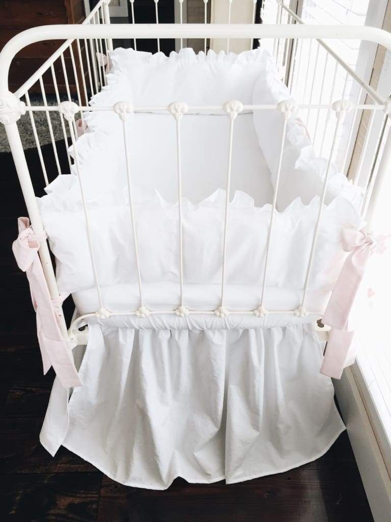 White and Baby Pink Farmhouse Crib Bedding Set - High Cotton Textile 