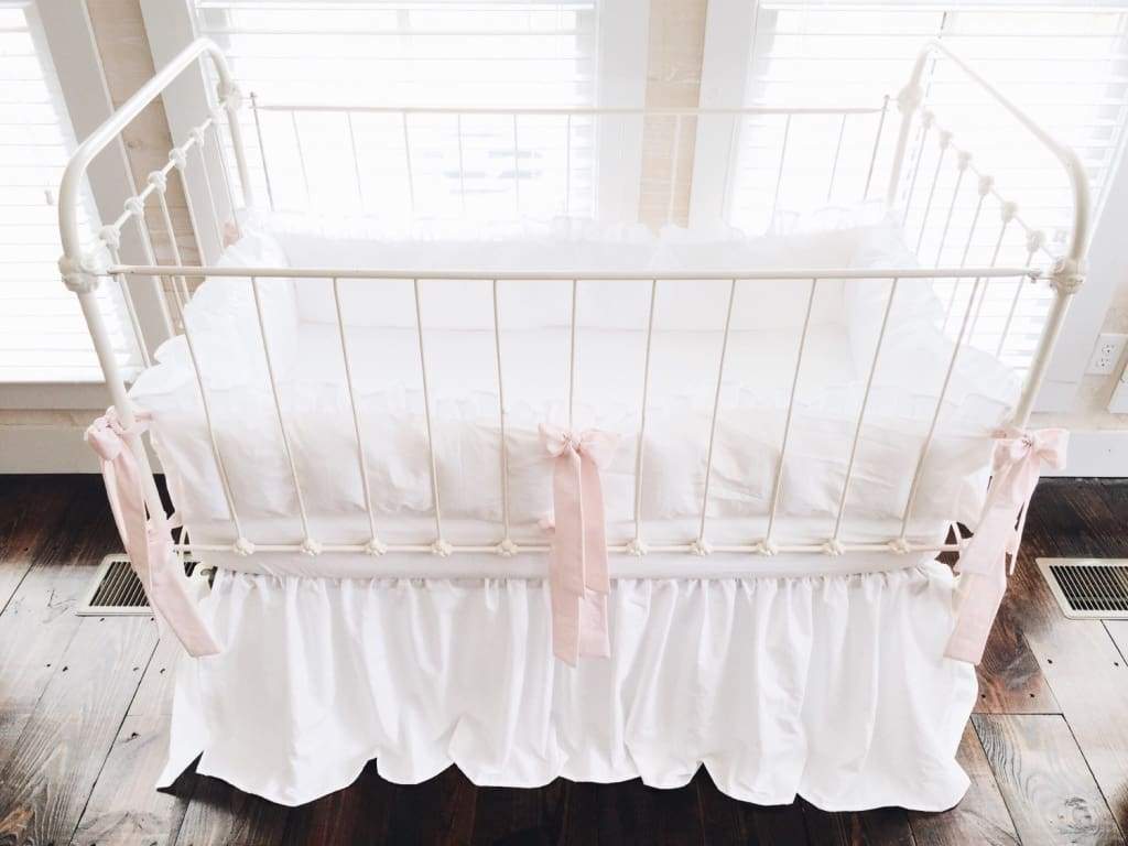 White and Baby Pink Farmhouse Crib Bedding Set - High Cotton Textile 