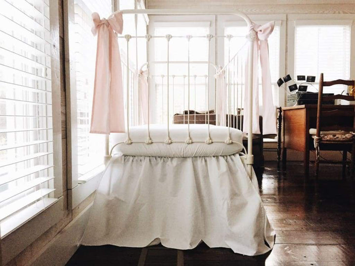 White and Baby Pink Farmhouse Crib Skirt with Bows handmade heirloom nursery - High Cotton Textile