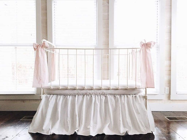 White and Baby Pink Farmhouse Crib Skirt with Bows handmade heirloom nursery - High Cotton Textile
