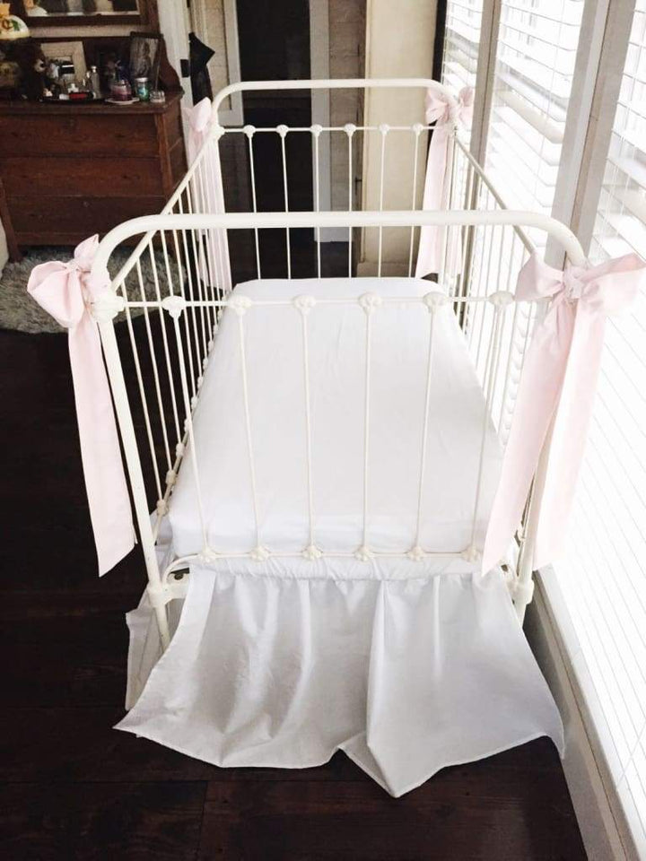 White and Baby Pink Farmhouse Crib Skirt with Bows handmade heirloom nursery - High Cotton Textile