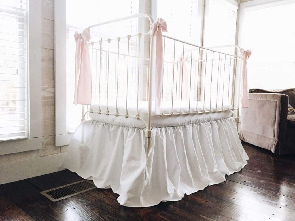 White and Baby Pink Farmhouse Crib Skirt with Bows handmade heirloom nursery - High Cotton Textile