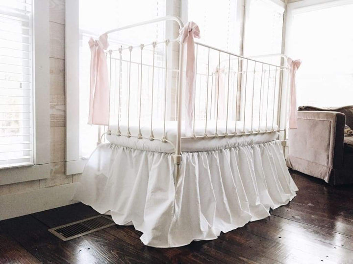 White and Baby Pink Farmhouse Crib Skirt with Bows handmade heirloom nursery - High Cotton Textile